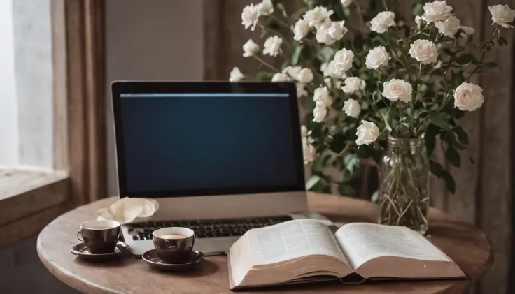 mesa com um computador com uma grande tela e uns livros do lado