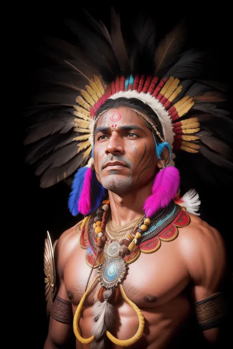 Image of a shaman 

Indian Shaman, pele bronzeada, extremely long black hair mess over bare chests, enorme cocar de penas de papagaio azul de arara,  olhos negros brilhantes, face with indigenous paint in red and blue colors lean and muscular body, corpo i...