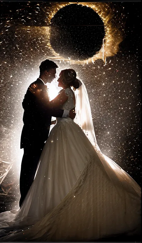 The bride and groom in wedding dresses stand in front of a black hole, Dramatic lighting !N-9, couple dancing, with dramatic lighting, Dance in front of the fog, shot with canon eoa 6 d mark ii, dancing with each other, dramatic backlight, Dramatic low lig...