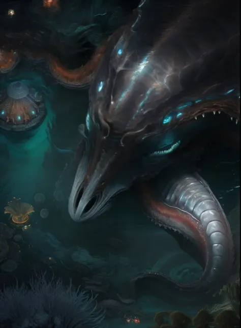 there is a huge creature in the water, detailed maw, the hydra from path of exile, underwater leviathan, lovecraftian sea creatu...