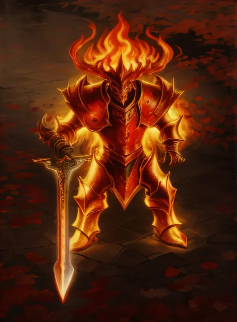 close-up of fire demon holding a sword in the stone area, flame conjuring armored, ruler of inferno, black fire color reflected ...