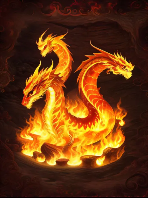 there is a fire dragon on fire underground, fire flaming dragon serpent, fire flaming serpent, fire dragon, fire demon, hellfire...