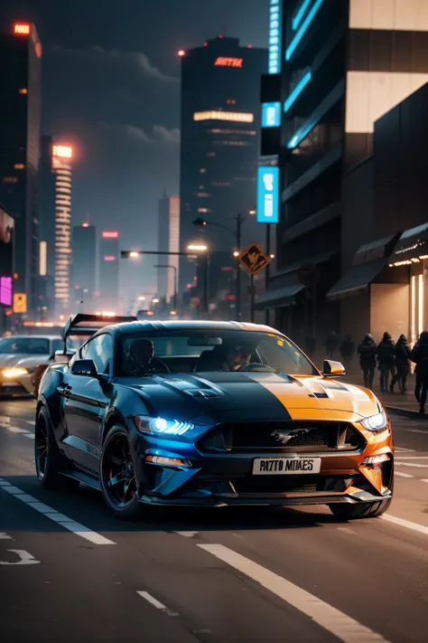 ford mustang gt , ((ultra realistic)) , (( cyberpunk )) , 8k , ___solo s2___ ,