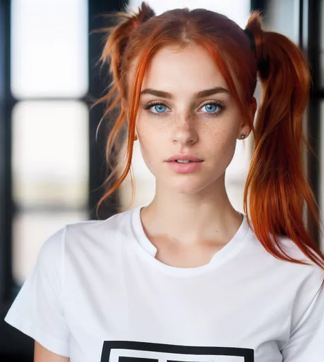 photo,8k,sharp focus,beautiful woman,full body,t-shirt,(detailed eyes:0.8),(looking at the camera:1.4),(highest quality),(best shadow),blue eyes,rim lighting,two tone lighting,dimly lit,low key,intricate details,interior,ponytails,red hair:1.3,open mouth:0...