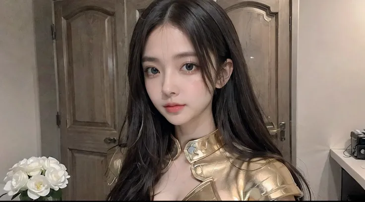 realisticlying， tmasterpiece， Best quality at best， A high resolution, 1girll， s the perfect face， looking at viewert， The skin is tight and transparent vinyl， Very long black hair， Green eyes， paleskin， Pisces， Gold armor with white parts， Armour， shelmet...