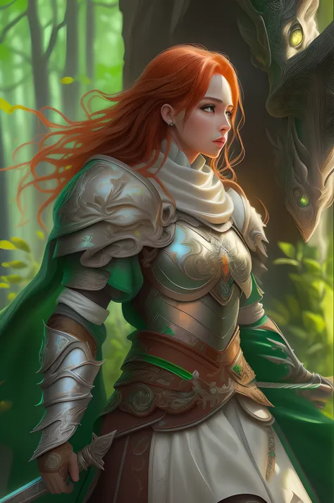 a picture of woman paladin of nature protecting the forest, a woman knight, red hair, long hair, full body (best details, master...