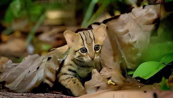 There is a cat walking in the leaves, margay, Cat in the forest, Sand Cat, tabaxi male, high quality picture, ohwx, Cutest, Very cute, mischievous look, ohwx, ( visually stunning, cuteness, Someone, r/ohwx, cute animal, Erin Hunter, tabaxi, looking cute, a...