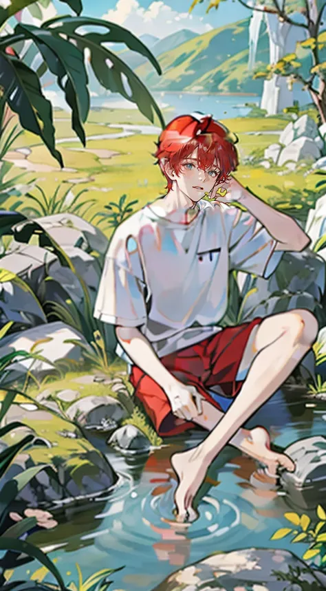 outstanding，High quality，Red-haired boy（White T-shirt）（Loose shorts）（Barefoot），Sit on low rocks in the wild，On the ground lay food that was served on a plate using leaves