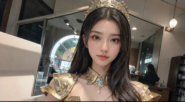 realisticlying， tmasterpiece， Best quality at best， A high resolution, 1girll， s the perfect face， looking at viewert， The skin is tight and transparent vinyl， Very long black hair， Green eyes， paleskin， Pisces， Gold armor with white parts， Armour， ((shelm...