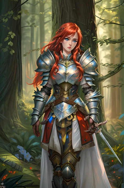 a picture of woman paladin of nature protecting the forest, a woman holy knight, protector of nature, red hair, long hair, full body (best details, Masterpiece, best quality :1.5), ultra detailed face (best details, Masterpiece, best quality :1.5), ultra f...