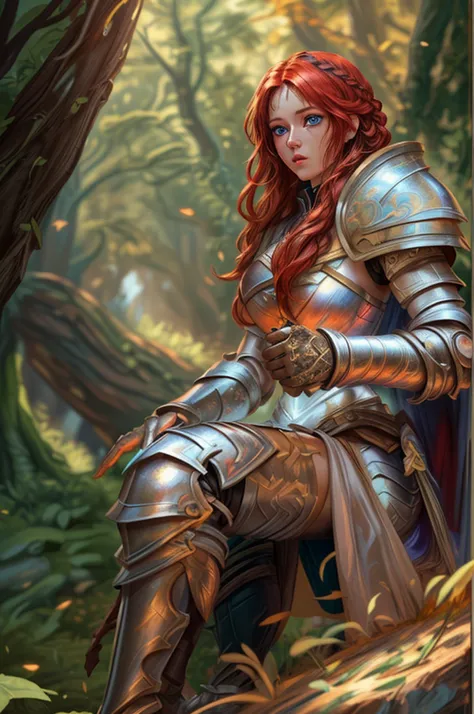 a picture of woman paladin of nature protecting the forest, a woman holy knight, protector of nature, red hair, long hair, full body (best details, Masterpiece, best quality :1.5), ultra detailed face (best details, Masterpiece, best quality :1.5), ultra f...