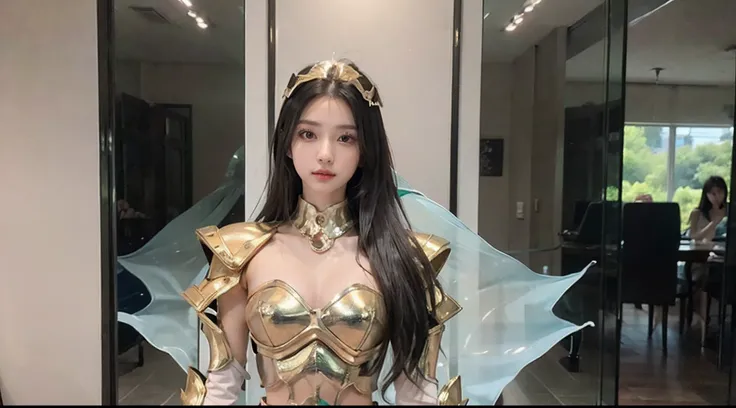 realisticlying， tmasterpiece， Best quality at best， A high resolution, 1girll， s the perfect face， looking at viewert， The skin is tight and transparent vinyl， Very long black hair， Green eyes， paleskin， Pisces， Gold armor with white parts， Armour， ((shelm...