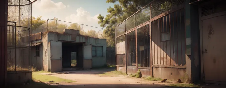 "Create an image of an abandoned zoo with rusty cages and strange sounds lurking