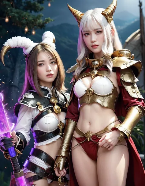 Professional , ​masterpiece、top-quality、photos realistic , depth of fields 、（White bikini armor)、（Particles of light）、Jewel Gold Weapon、Particles of light),Gorgeous gold weapons ,（（ Gorgeous Dragon Sword）） , （Hold the Devils Hand）,,（maikurobikini） 、（（White...