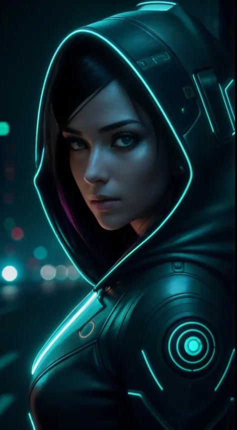 cyberpunk portrait photography, beautiful young woman looking off camera in glowing futuristic hood jacket, super realistic face...