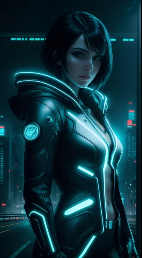 cyberpunk portrait photography, beautiful young woman looking off camera in glowing futuristic hood jacket, super realistic face...