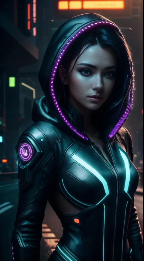 cyberpunk portrait photography, beautiful young woman looking off camera in glowing futuristic hood jacket, super realistic face...