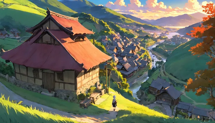 1boy with white hairs, blue eyes, red shirt, a bag pack, rural village, studio ghibli scenery, perfect, best quality, best art, (high detailed:1.4) 8Kpicturesque village nestled in a lush valley. The sun is rising, casting a warm glow on the thatched cotta...