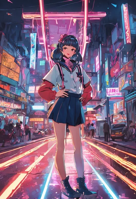 On the edge of a bustling, futuristic metropolis, where holographic billboards light up the night sky, a masterful and ultra-realistic candid portrait of a sailor girl dressed in a school uniform reminiscent of the 80s anime art style takes shape. Her uniq...