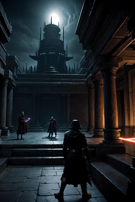 Sith Lords of Sith fighting in a Jedi temple, dark light, volumetric, photo realistic, hyper detail,