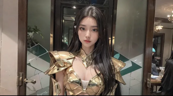 realisticlying， tmasterpiece， Best quality at best， A high resolution, 1girll， s the perfect face， looking at viewert， The skin is tight and transparent vinyl， Very long black hair， Green eyes， paleskin， Pisces， Gold armor with white parts， Armour， ((shelm...