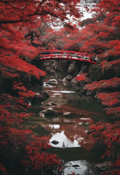 uma ponte de madeira vermelha que passa sobre uma lagoa congelada liga o belo jardim japones a um solarium de inverno onde um casal toma cha, local com muita neve