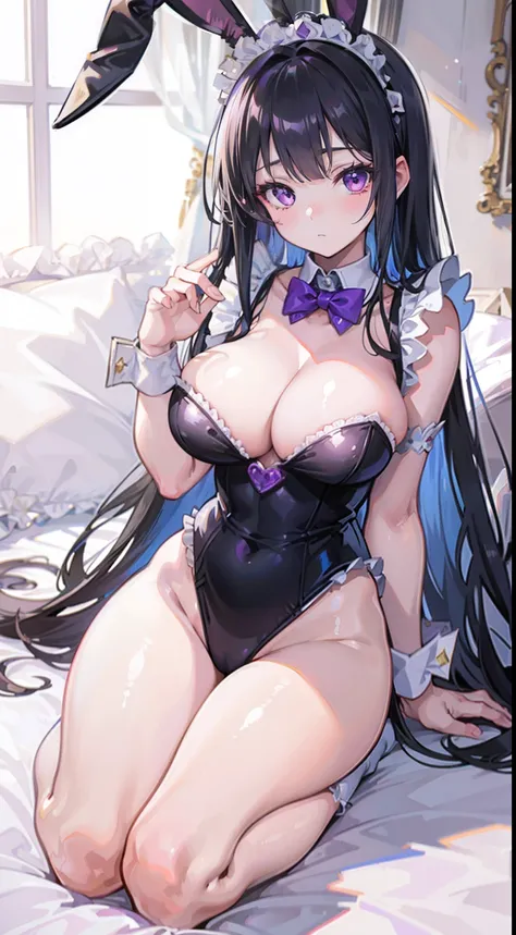 High quality, masterpiece, ultra-detailed, 1girl, bunny maid outfit, solo, peaceful expression, long black hair, enchanting purple eyes, bunny ears, ridiculously large breasts, shiny skin, bedroom