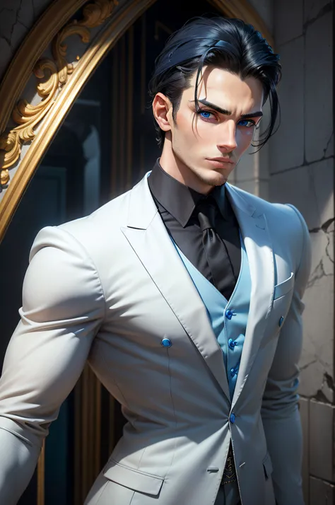 a close up of a marble sculpture Man in his 20s, elegant, angular face, very masculine and attractive, (((surreal bright blue eyes))), black hair combed back, slightly stubble, bodybuilder a medieval Greek setting . in a tailored suit