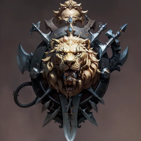 Aplatissement，Simple et clair，Two crossed swords lion emblem in middle ，Clowns，Armoiries rondes hyper realistic super detailed