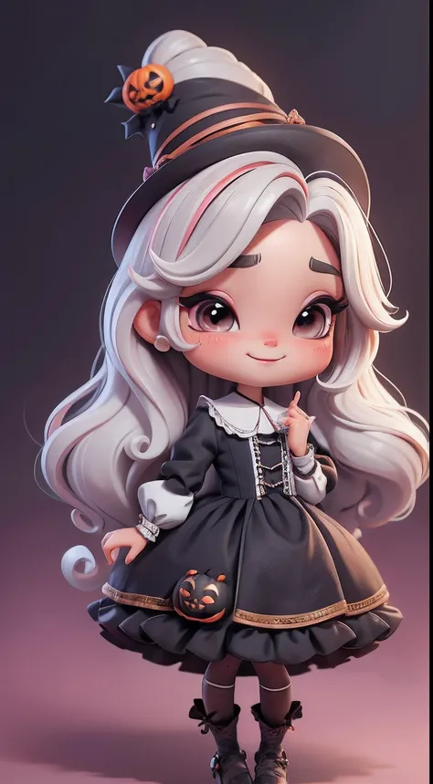 Create a series of cute black chibi style dolls with a cute halloween theme, each with lots of detail and in an 8K resolution. All dolls should follow the same solid background pattern and be complete in the image, mostrando o (corpo inteiro, incluindo as ...