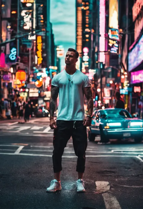 Full body of a man, with strong arms, wearing a white t-shirt, in the city of New York, at the night, neon lights in the background, tatoos on arms