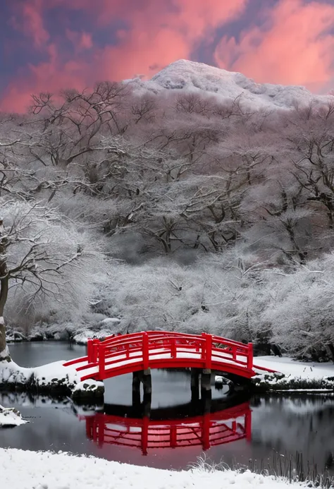 arvores de laranjeiras rosas, inverno com muita neve, Beautiful botanical garden with a red bridge that passes over a frozen lake towards a Japanese-style wooden solarium, no lararium de madeira um casal adimira a beleza do lago comgelado