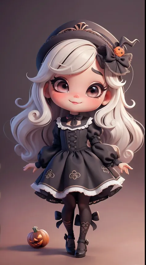 Create a series of cute black chibi style dolls with a cute halloween theme, each with lots of detail and in an 8K resolution. All dolls should follow the same solid background pattern and be complete in the image, mostrando o (corpo inteiro, incluindo as ...