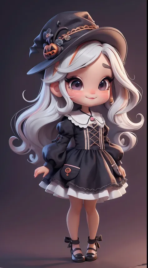 Create a series of cute black chibi style dolls with a cute halloween theme, each with lots of detail and in an 8K resolution. All dolls should follow the same solid background pattern and be complete in the image, mostrando o (corpo inteiro, incluindo as ...