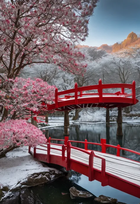 arvores de laranjeiras rosas, inverno com muita neve, Beautiful botanical garden with a red bridge that passes over a frozen lake towards a Japanese-style wooden solarium, no solarium de madeira um casal adimira a beleza do lago comgelado