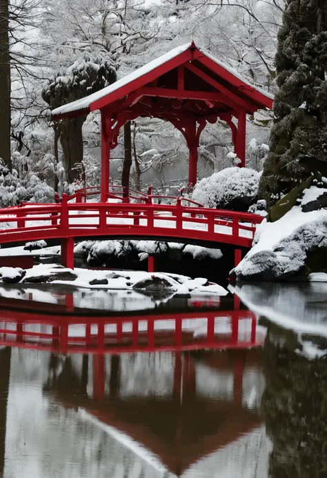 arvores de laranjeiras rosas, inverno com muita neve, Beautiful botanical garden with a red bridge that passes over a frozen lake towards a Japanese-style wooden solarium, no solarium de madeira um casal adimira a beleza do lago comgelado