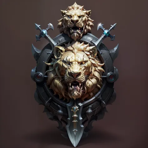 Two crossed swords lion statue emblem in middle ，Clowns，Armoiries rondes hyper realistic super detailed