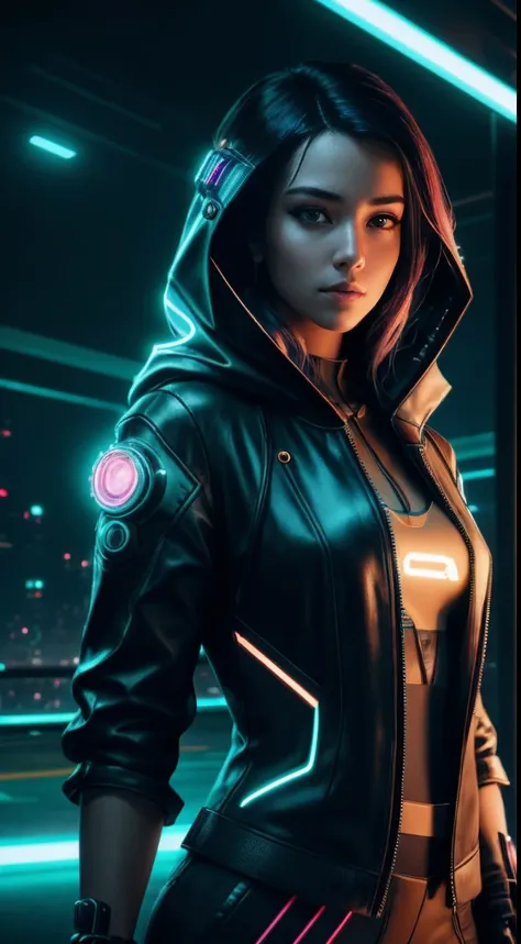 cyberpunk portrait photography, beautiful young woman looking off camera in glowing futuristic hood jacket, super realistic face...