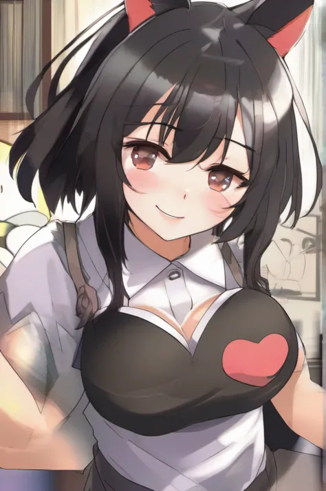 black hair, mole under eye, heart-shaped pupils, kemonomimi mode, grin, anime style, tachi-e, pov, award winning