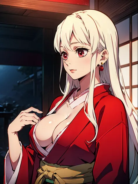 masterpiece, High-quality, 独奏, ume daiki, 1woman, long hair, white hair, red eyes, red kimono, big boobs, red kimono, earrings