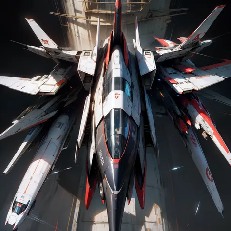 A top-down view, top down shot, Red jet, Jet fighter, Fantasy spaceship, 5th gen fighter, fighter drones, v wing, spaceship design, jetfire!!!!!, fighter jets, Jet fighter, Design a spaceship with a smooth design, shmup, it has six thrusters in the back, m...