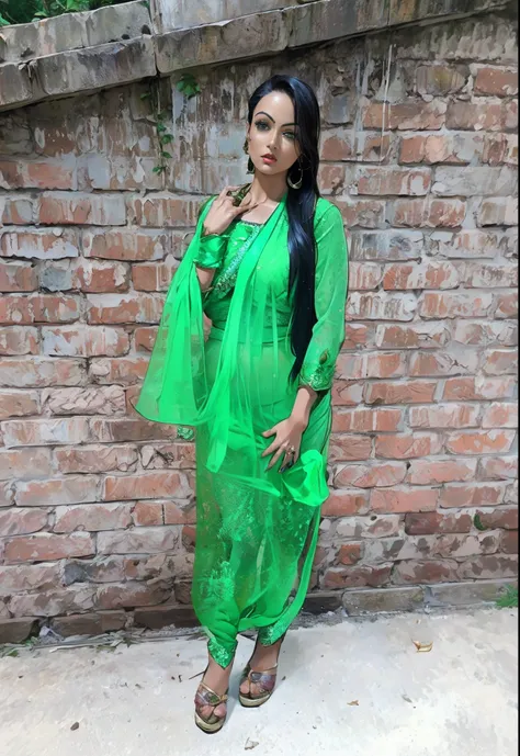 (Masterpiece, best quality, 8k, anime style), (One girl wearing green blouse and saree:1.6),Desi, (translucent clothes), see through hot saree, nice boobs, cleavage, pretty face, red lips, long green hair, high heels, close up, lush pink background, real f...