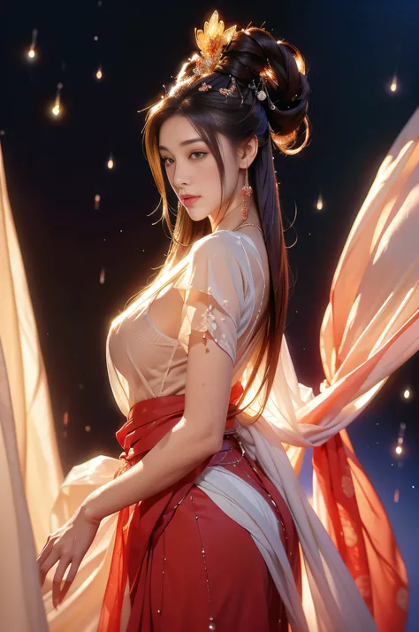 Gilded Chinese Palace,looki at viewer,depth of fields,bokeh dof,light falling,((A MILF))、pregnant woman、Red dress
Transparent underwear、one-girl、Red shirt、a black skirt、huge-breasted、
with brown eye、(long whitr hair、brunette color hair、Very straight hair:1...