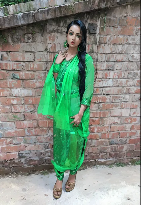 (Masterpiece, best quality, 8k, anime style), (One girl wearing green blouse and saree:1.6),Desi, (translucent clothes), see through hot saree, nice boobs, cleavage, pretty face, red lips, long green hair, high heels, close up, lush pink background, real f...