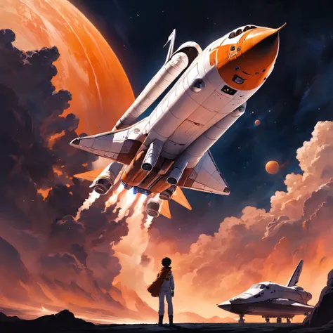 a smoking orange white space shuttle landing on a planet at sunset near a tavern