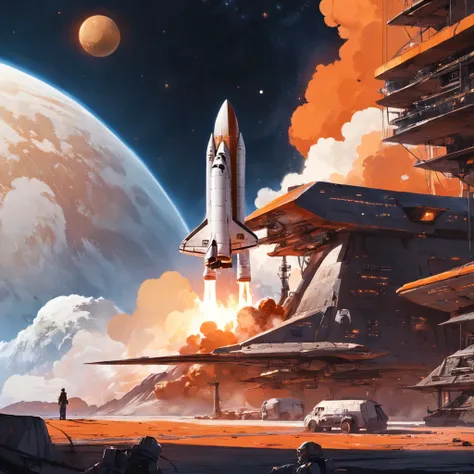 a smoking orange white space shuttle landing on a planet at sunset near a tavern