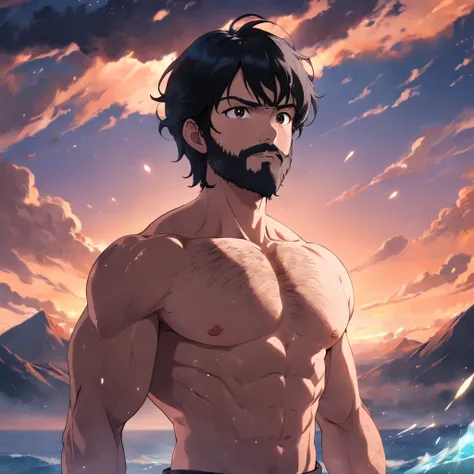 black hair ,dark brown minimal beard , no mustache ,full body , height 173cm ,8 abs, muscular 35years old man, masterpiece, best quality, movie still, , floating in the sky, close-up, bright, happy, warm soft lighting, sunset, (sparks:0.7)