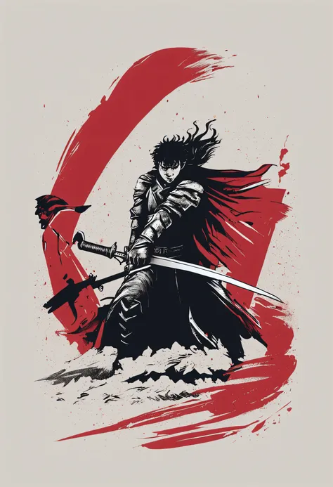 minimalist print for a shirt inspired by the manga and anime series Berserk. The print should capture the dark and epic essence of the story but in a simplified, minimalist way. Use subdued colors and clean lines to represent one of the iconic characters, ...