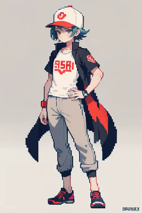 (obra-prima, qualidade superior, melhor qualidade), pixel, pixel art, 1boy, masculino, corpo inteiro, Pokémon trainer, jaqueta preta e vermelha, grey pants, sapato branco, cabelo marrom, baseball cap, camiseta preta