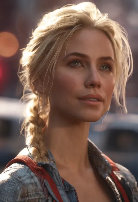 30 year old beautiful woman, wearing a fitting jeans, boots, a red top, small boobs, blonde hair, streaked hair, braided ponytail, braided bangs, upturned eyes, makeup, shy, embarrassed, ray tracing, god rays, cinematic lighting, depth of field, drop shado...